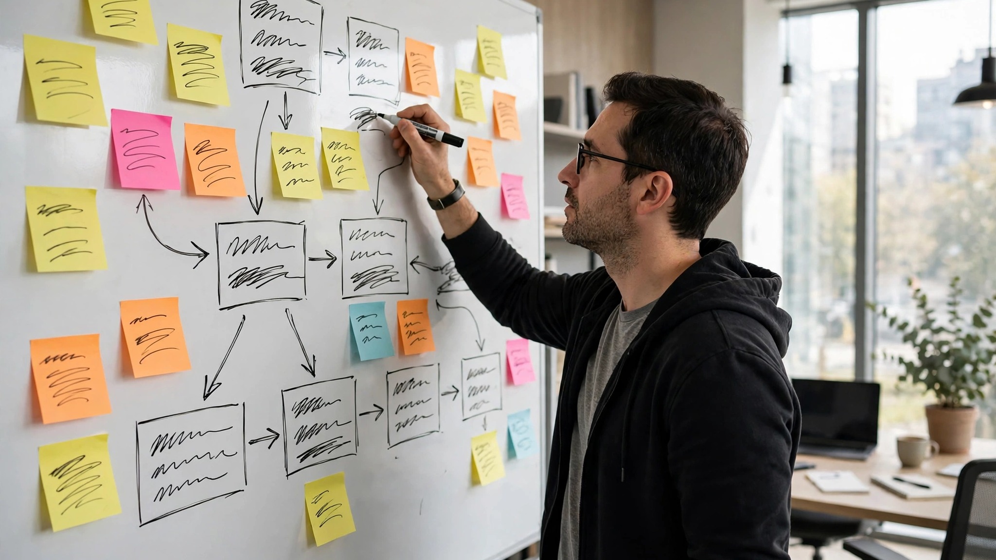 Founder mapping an automation workflow on a whiteboard