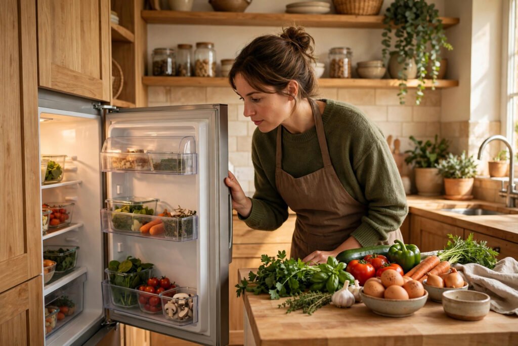 Photorealistic photo of a home cook checking fridge ingredients before cooking