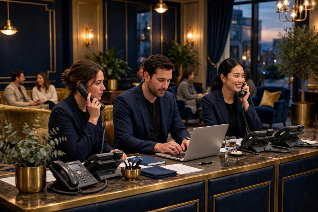 Photorealistic photo of a hotel front desk team answering guest messages