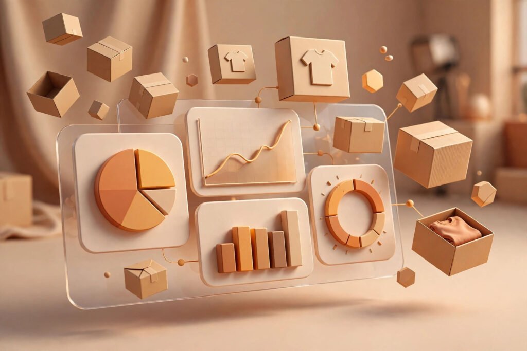 3D render of a print on demand fulfilment dashboard with floating product boxes