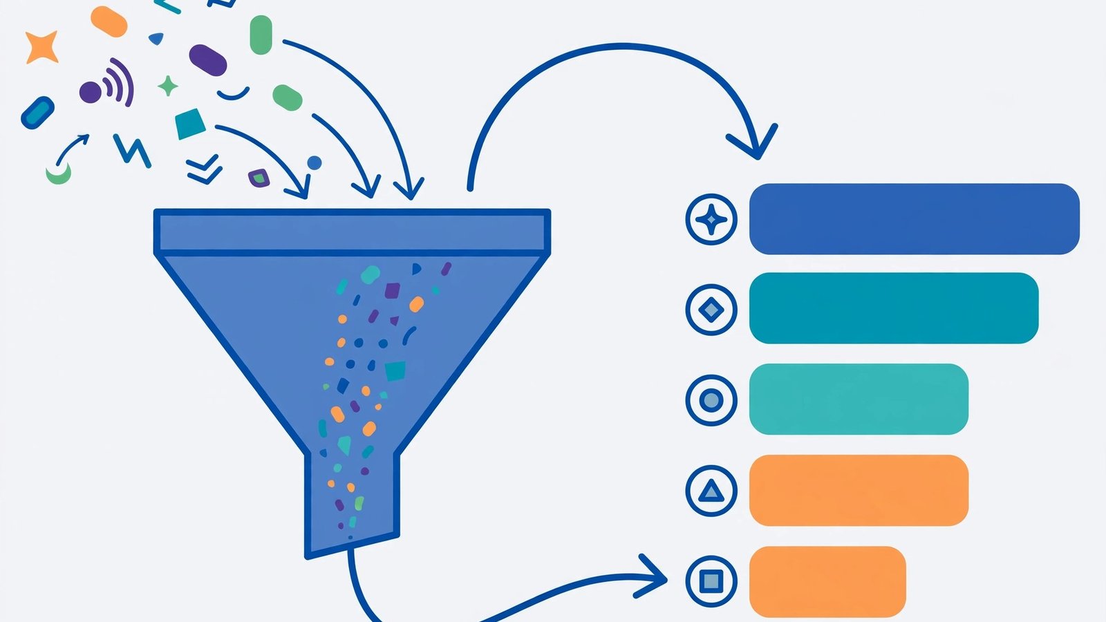 Flat vector illustration of a lead scoring funnel with signals flowing into a ranked list