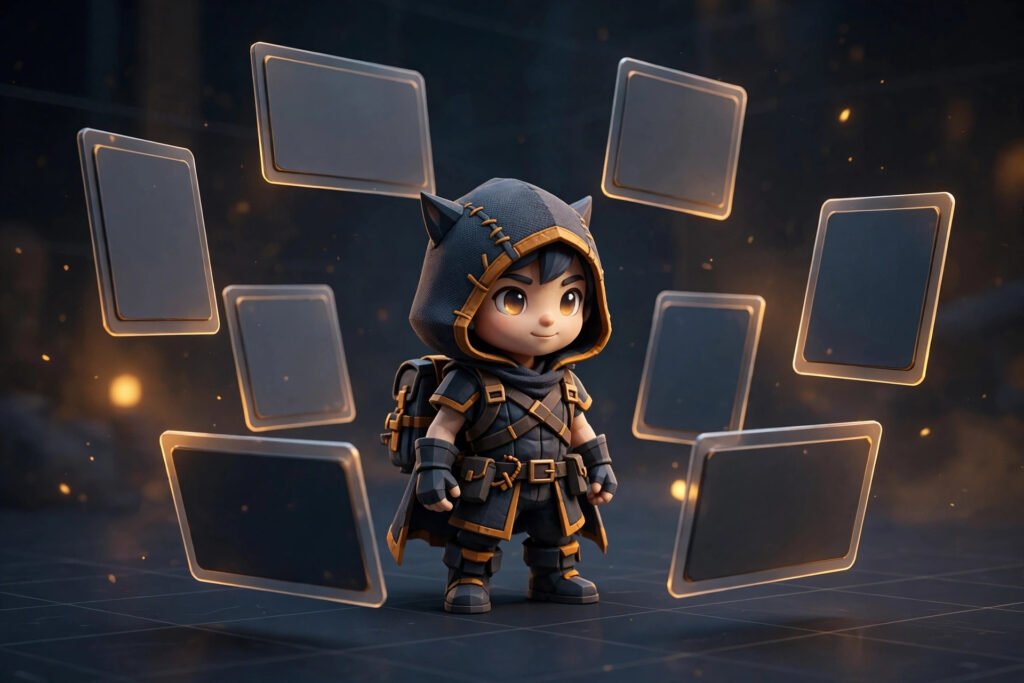 3D render of a game character with floating asset cards in a stylised scene