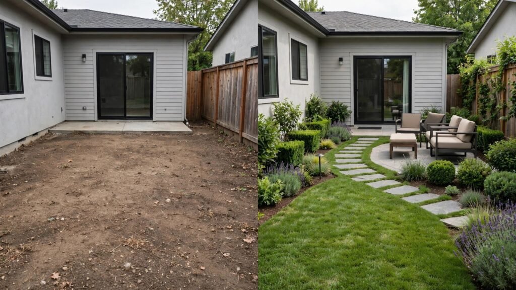 Before and after AI garden render of a modern yard