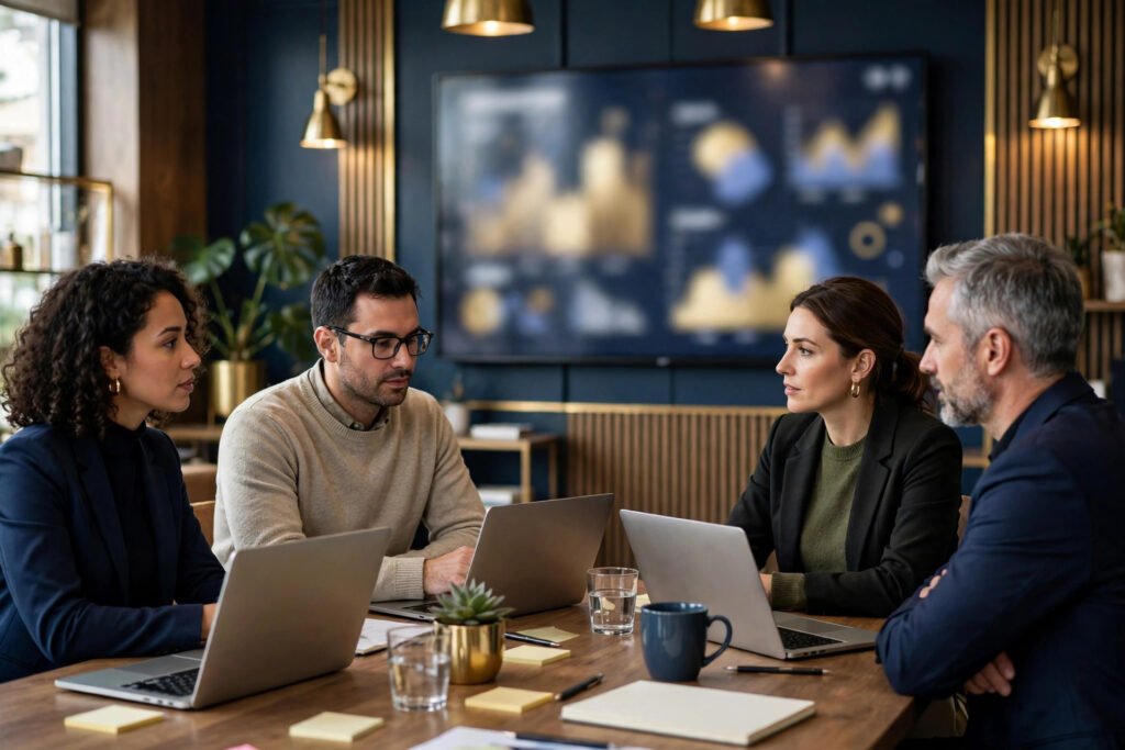 Editorial photo of a data team reviewing a governance dashboard in an office