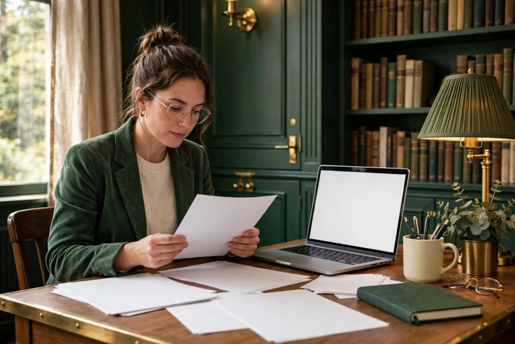 Photorealistic photo of a grant writer reviewing funding opportunities at a desk