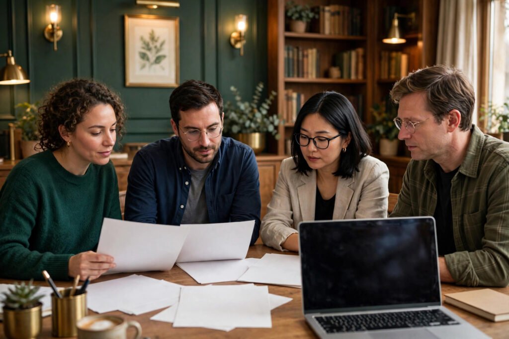 Editorial photo of a nonprofit team reviewing a grant report in an office