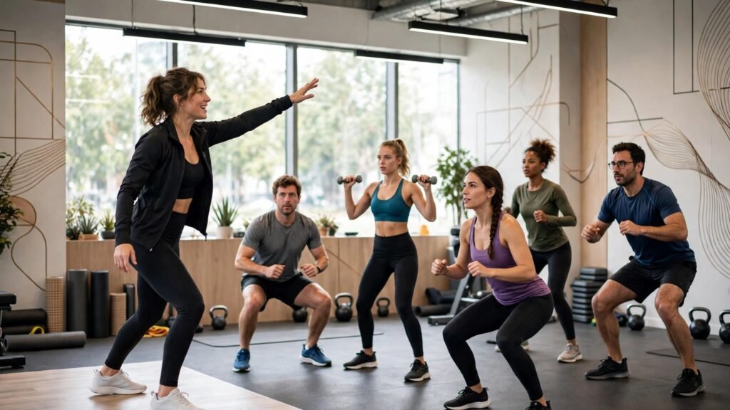 Group fitness class in a bright modern gym