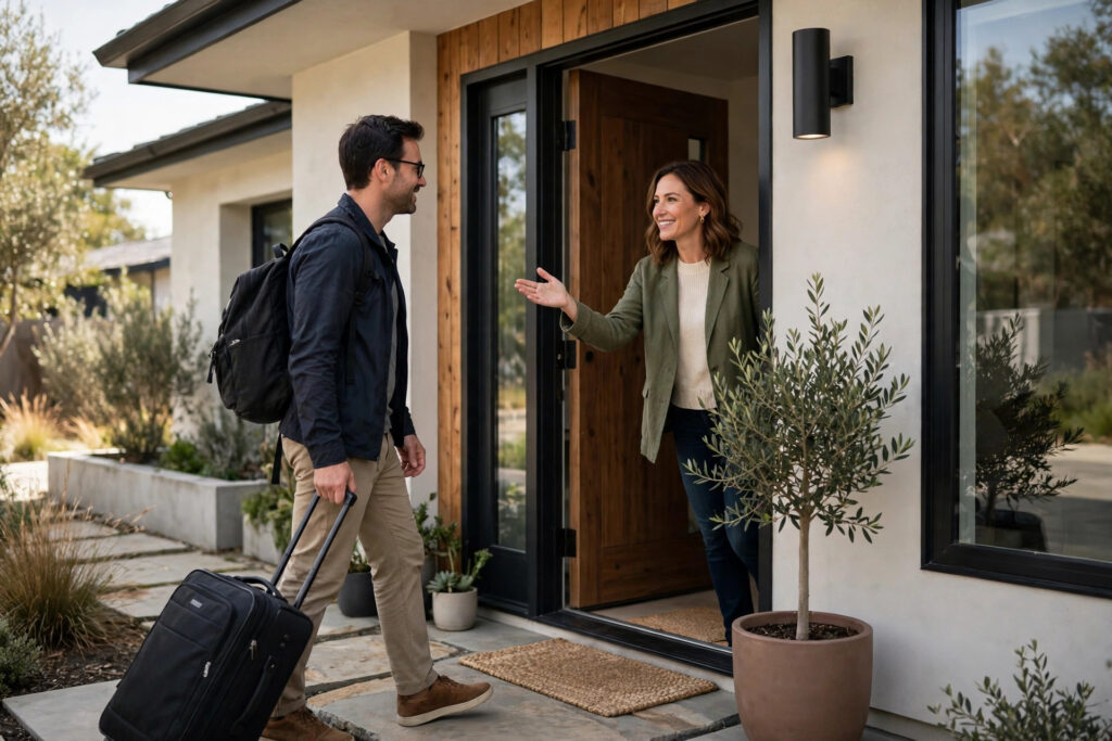Editorial photo of a guest arriving at a rental property