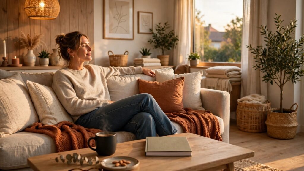Guest relaxing in a styled Airbnb living room