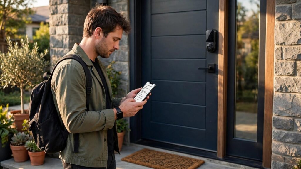 Guest reading check in instructions at a smart lock