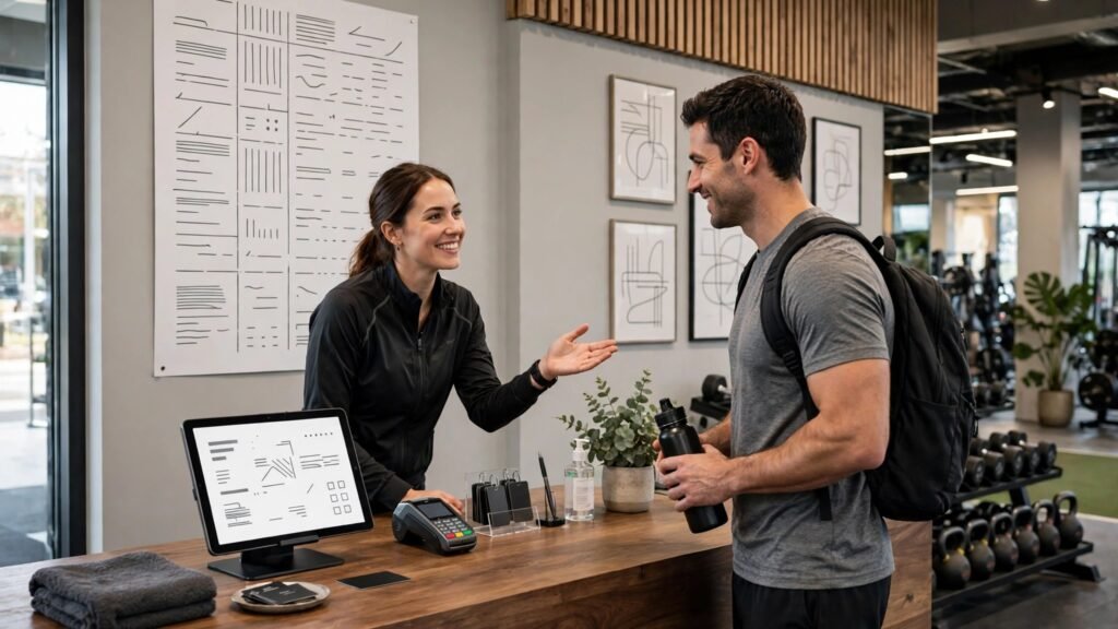 Gym front desk with timetable and member check in