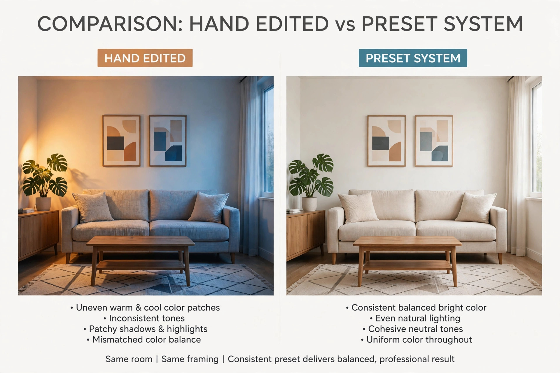 Comparison of hand edited and preset living room photos