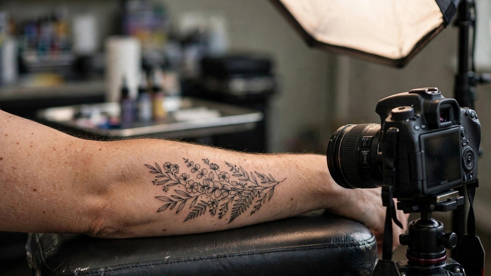 Healed tattoo photographed in a tattoo studio
