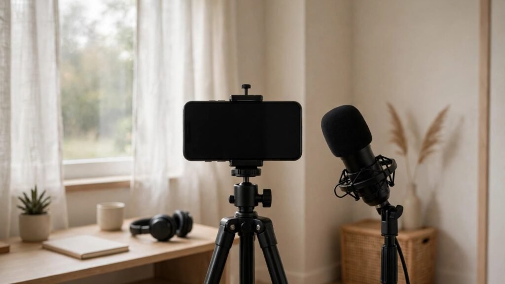 Simple home YouTube filming setup with phone and microphone