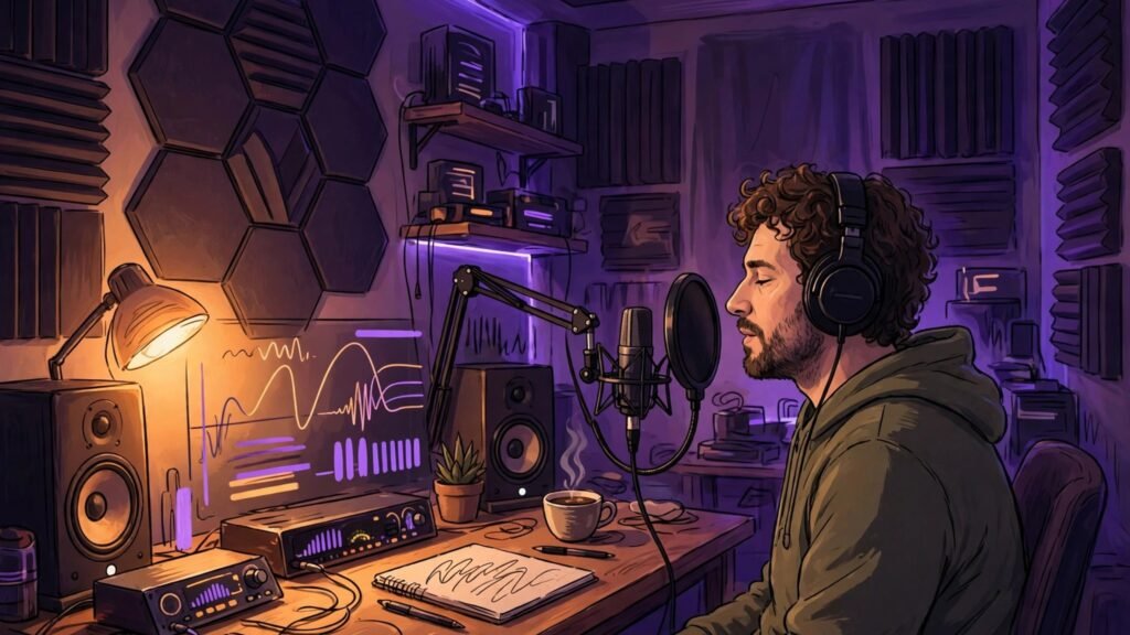 Voice actor recording in a home studio