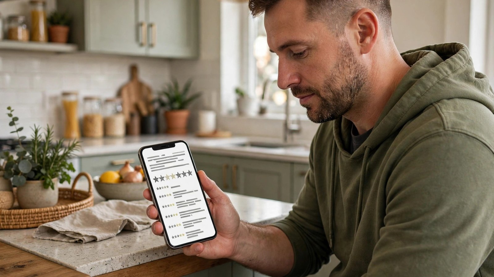 Homeowner reading plumber reviews on a phone