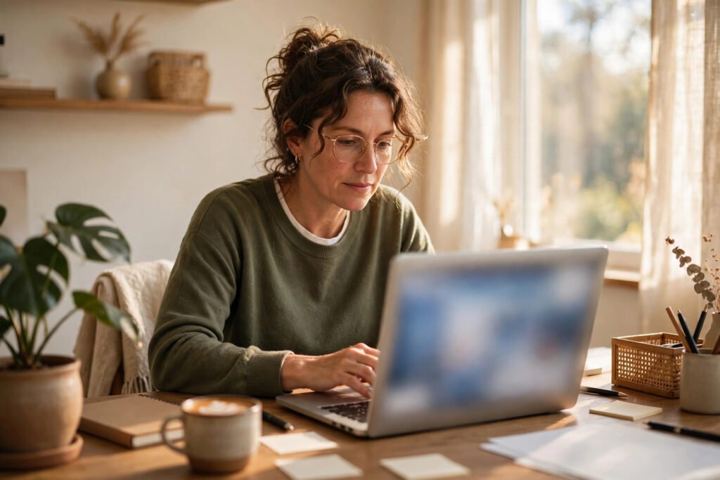 Photorealistic photo of a business owner building a website homepage