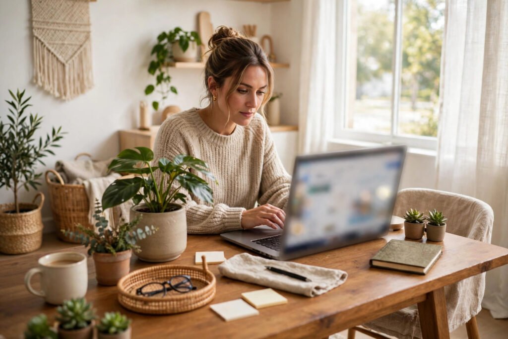Photorealistic photo of a rental host checking bookings on a laptop