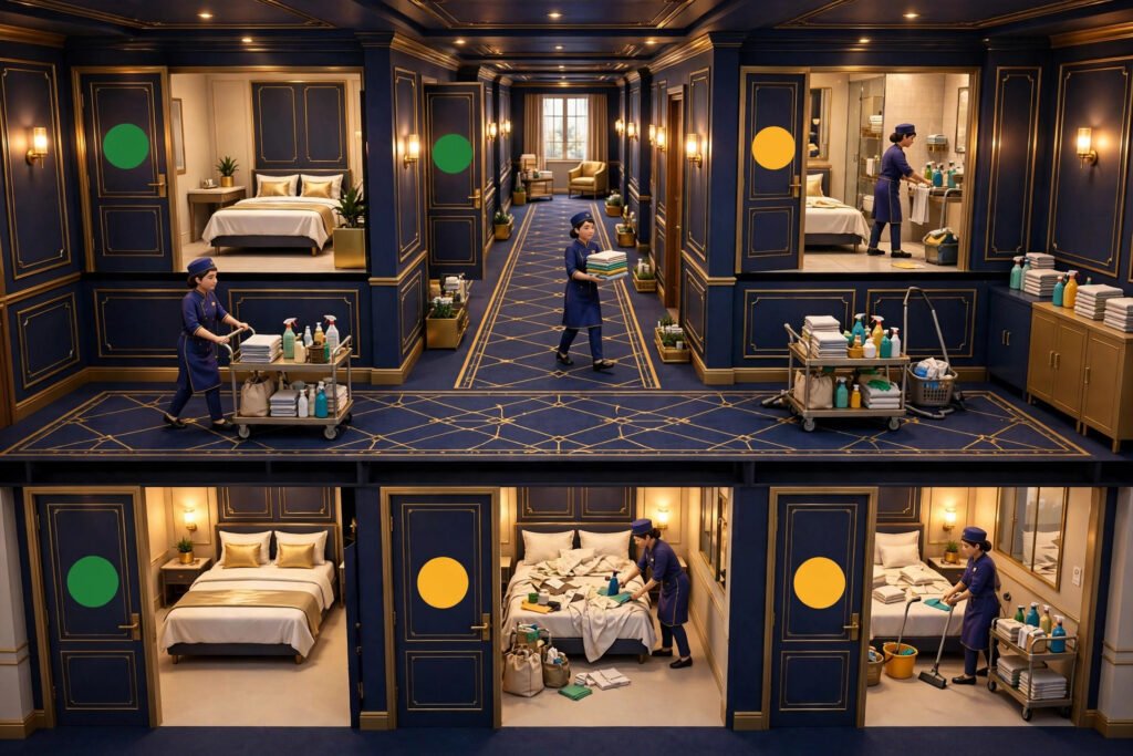 3D render of a hotel floor with housekeeping tasks and room status