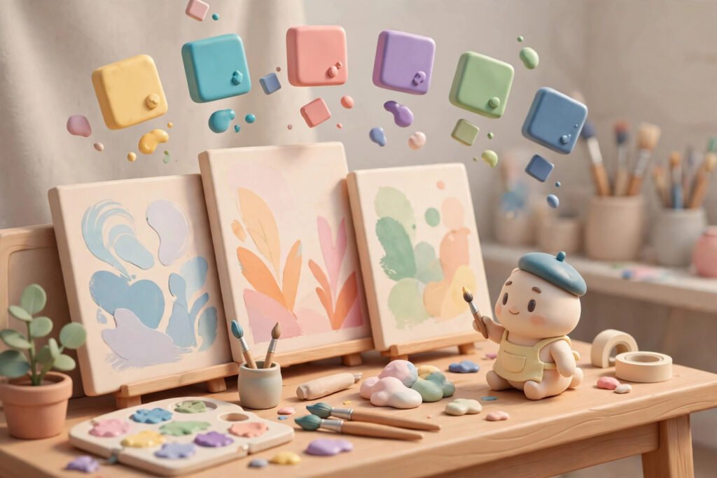 3D render of an illustration workspace with character art