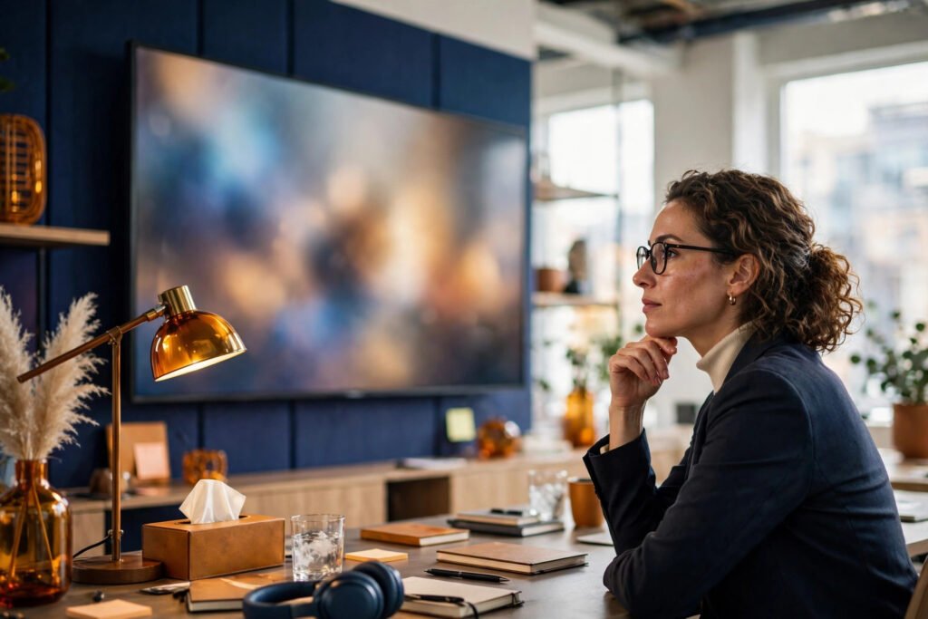 Editorial photo of a marketer reviewing AI generated images