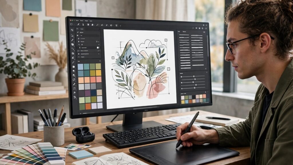 Designer refining AI print design on screen