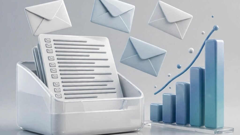 3D render of an email inbox with floating envelopes and a chart