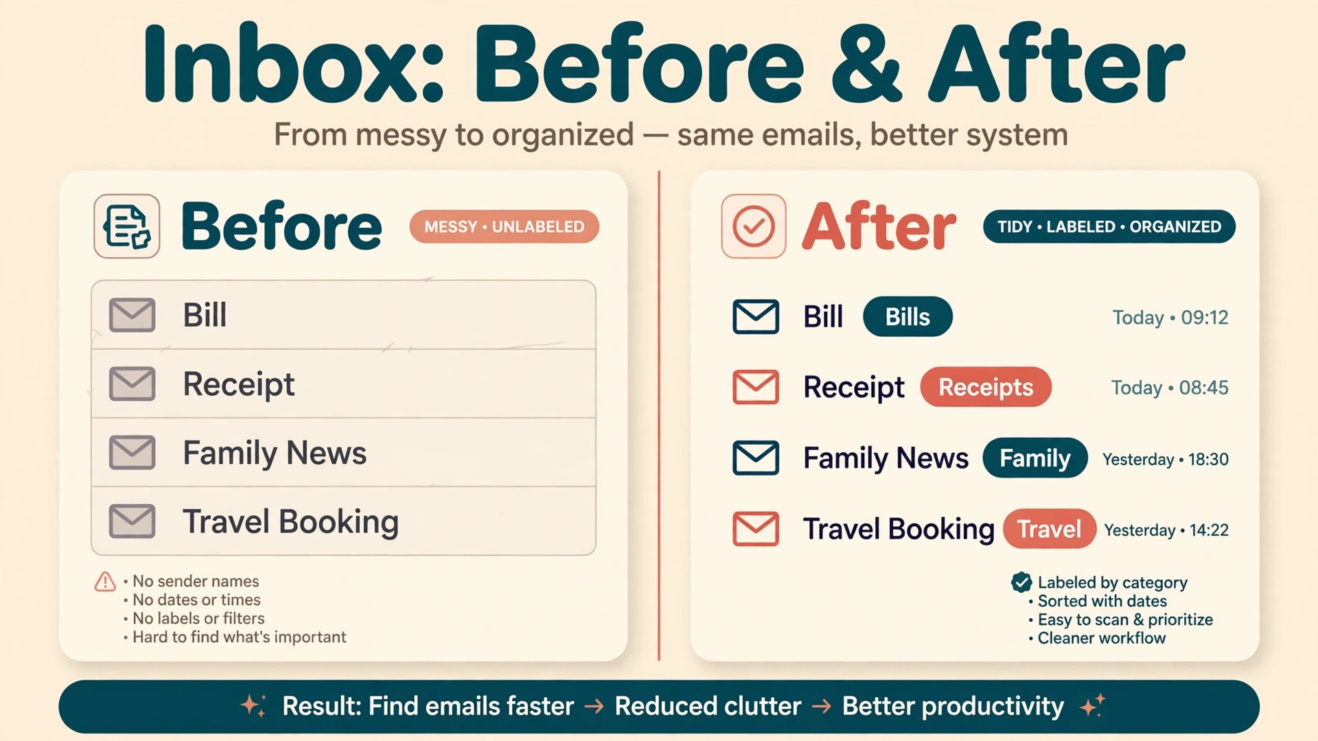 Before and after view of imported Gmail inbox labelling