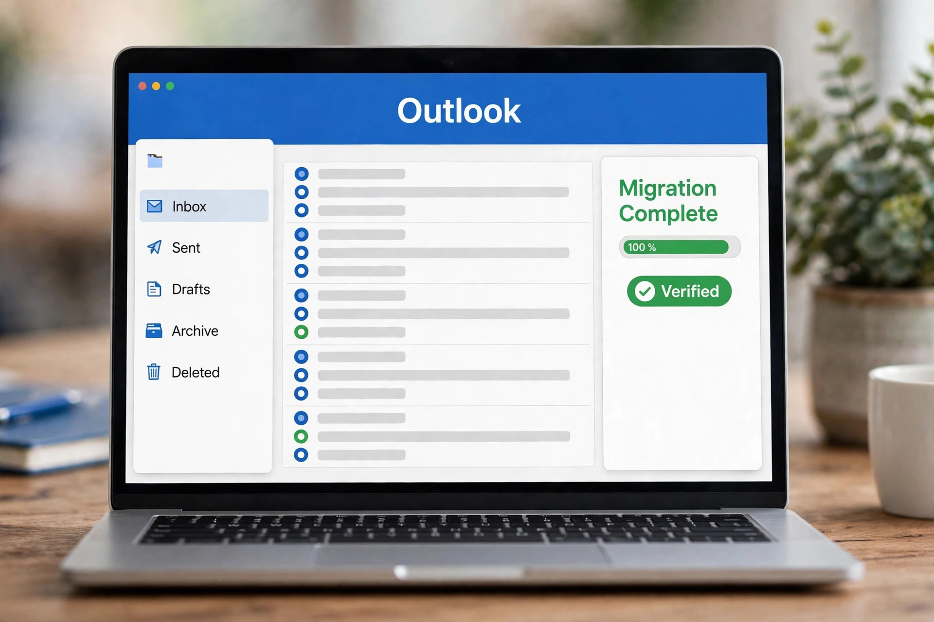 Outlook inbox mockup with migration verification panel