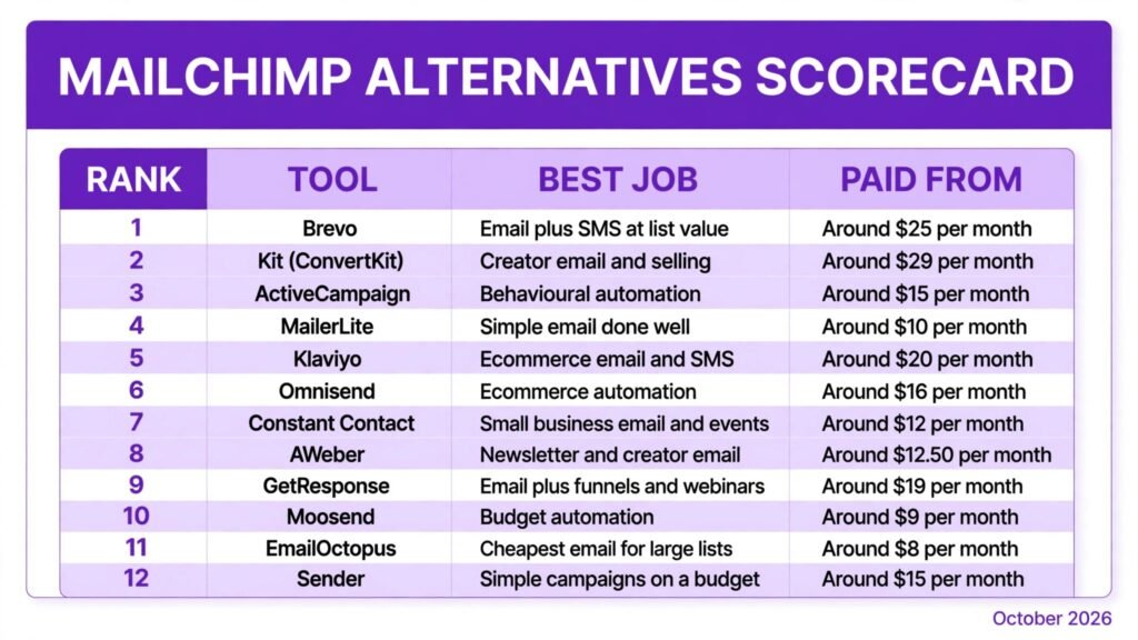 Mailchimp alternatives scorecard, best tool for creators, ecommerce, newsletters and budget email