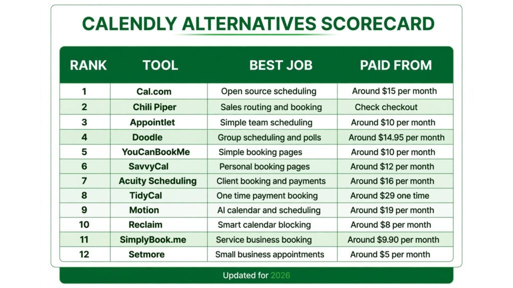 Calendly alternatives scorecard, best tool for sales routing, simple booking, smart calendars and service booking