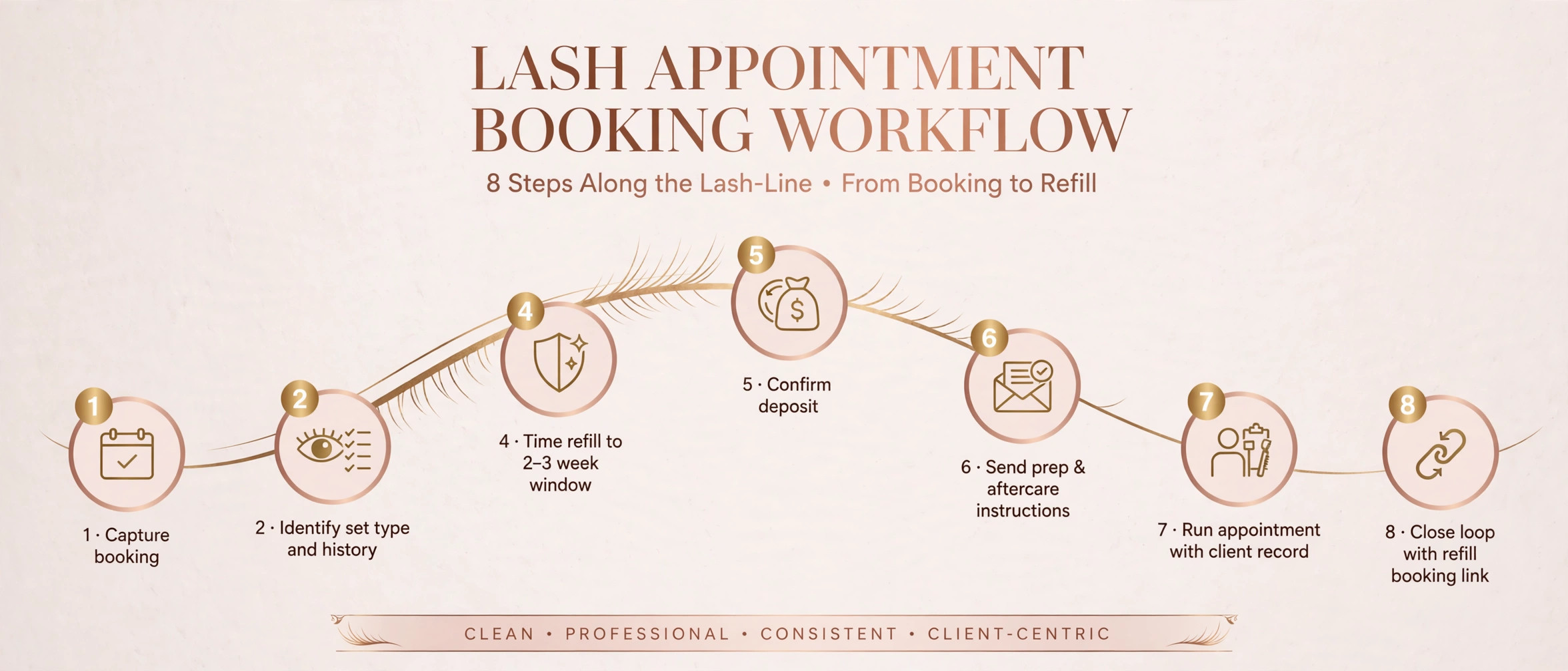 workflow diagram for lash appointment booking steps.