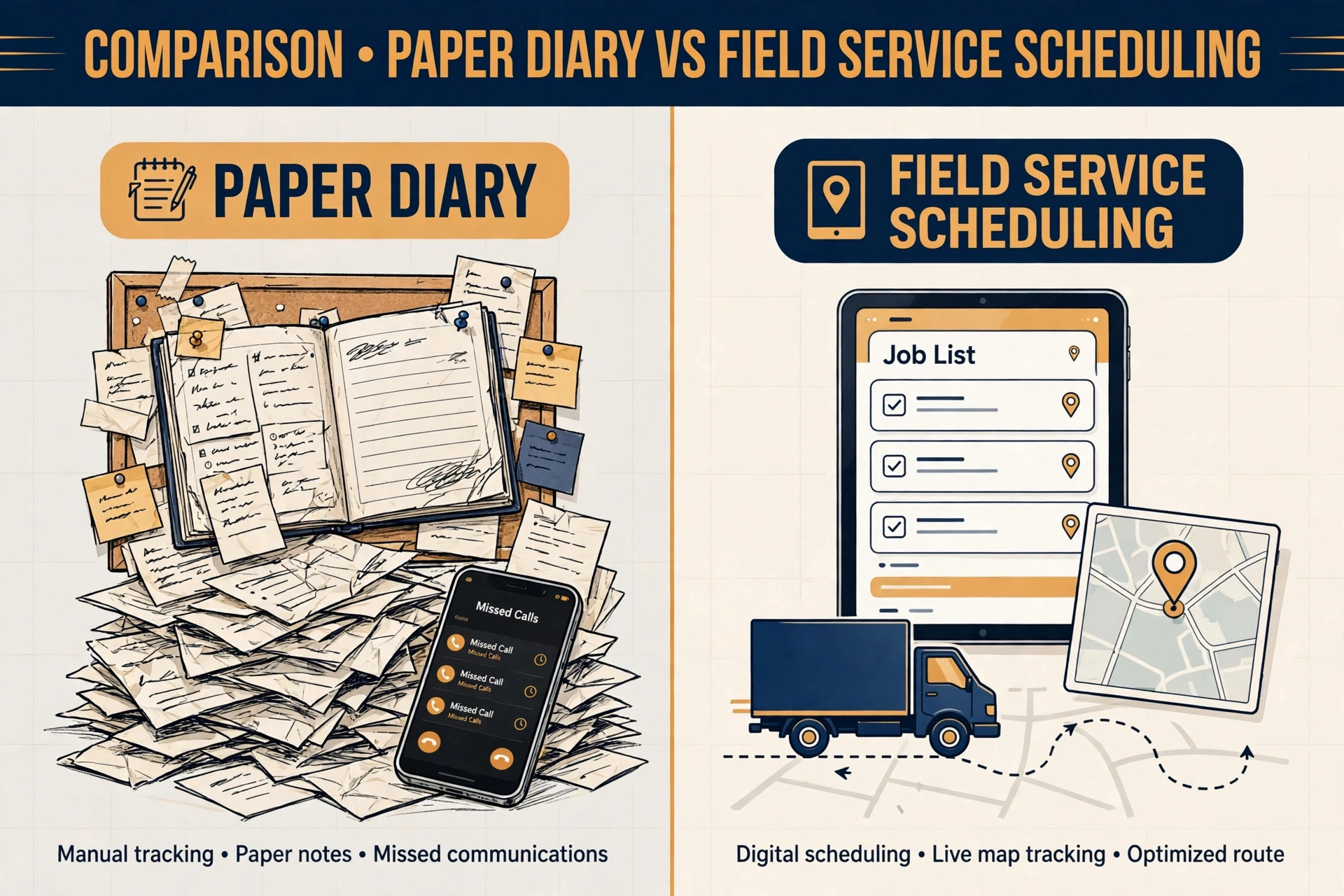 Comparison visual for paper diary versus field service scheduling for septic work.