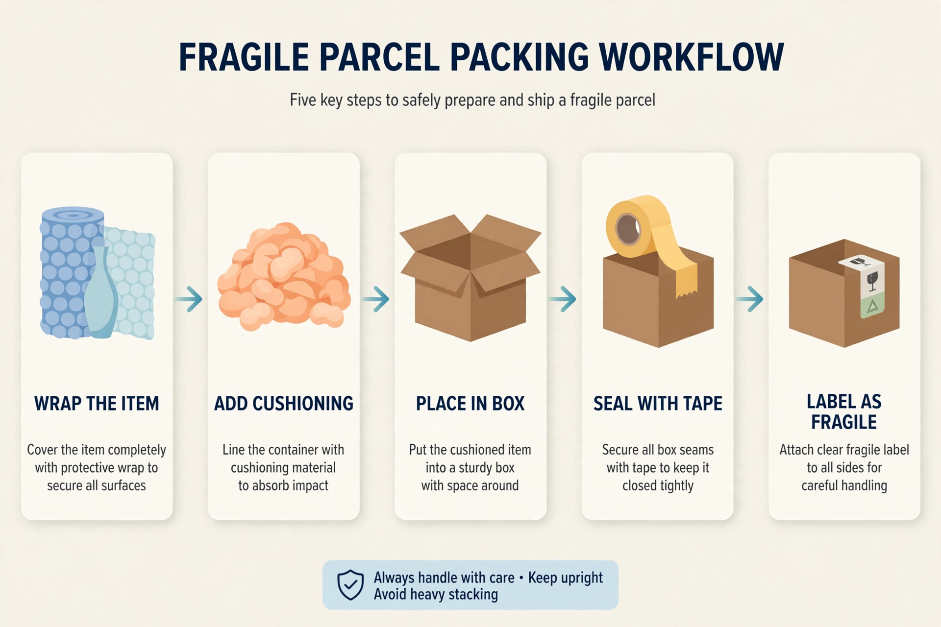 Workflow visual for wrapping, cushioning, boxing, taping, and labelling a fragile parcel.