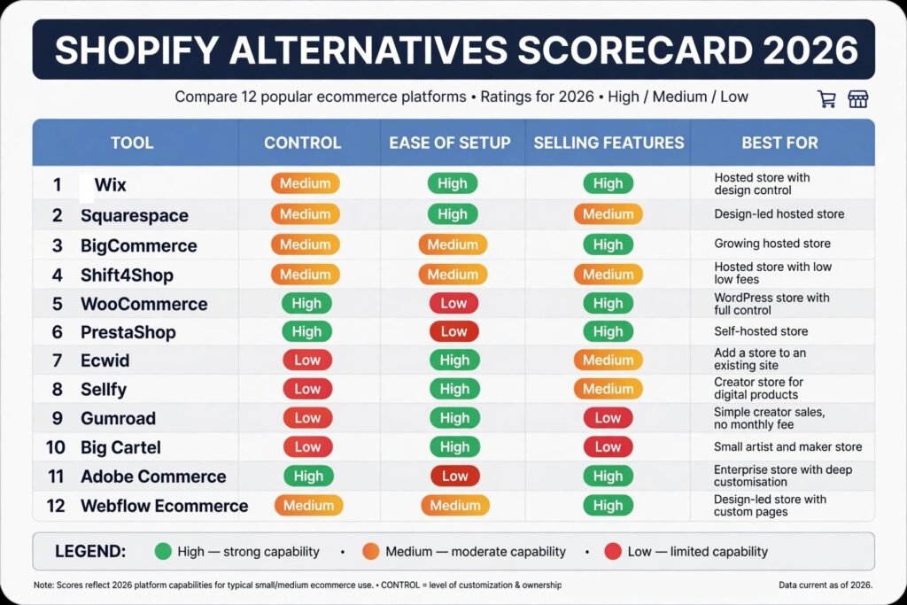 Shopify alternatives scorecard comparing control ease and features