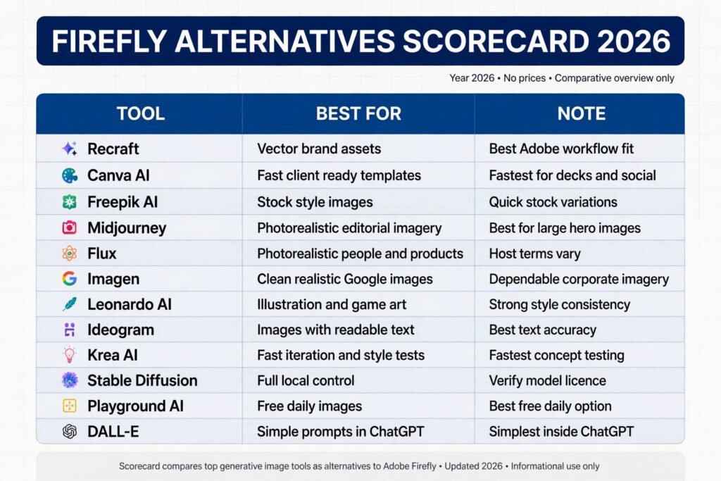 Adobe Firefly alternatives scorecard comparing 12 AI image tools
