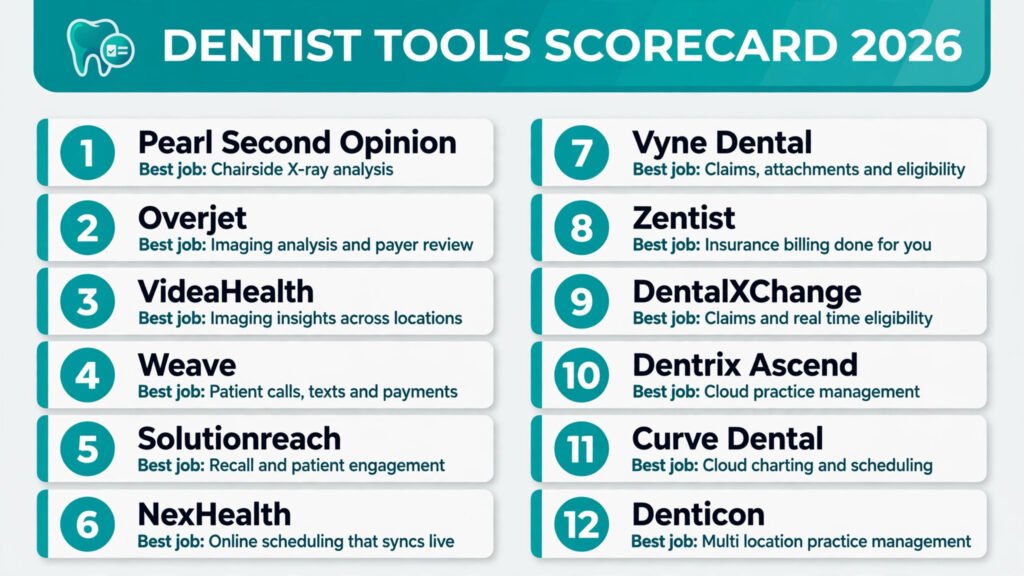 Best AI tools for dentists scorecard, best tool for imaging, scheduling, billing and practice management