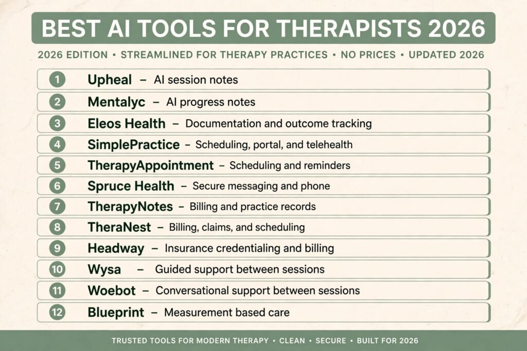 Best AI tools for therapists scorecard, best tool for notes, scheduling, billing and between session support