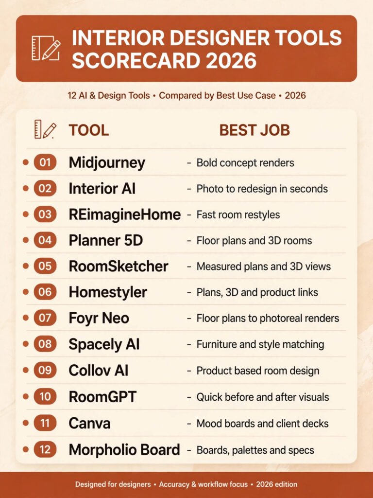 Interior designer tools scorecard, best tool for rendering, floor plans, sourcing and presentation
