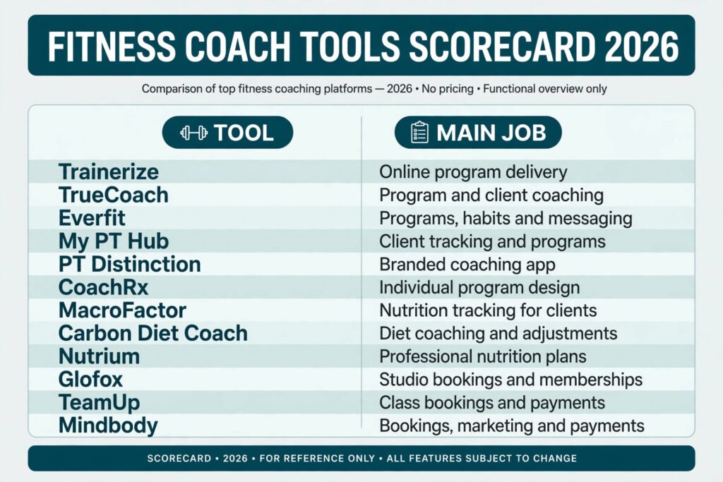 Fitness coach tools scorecard, best tool for programs, check-ins, nutrition and bookings
