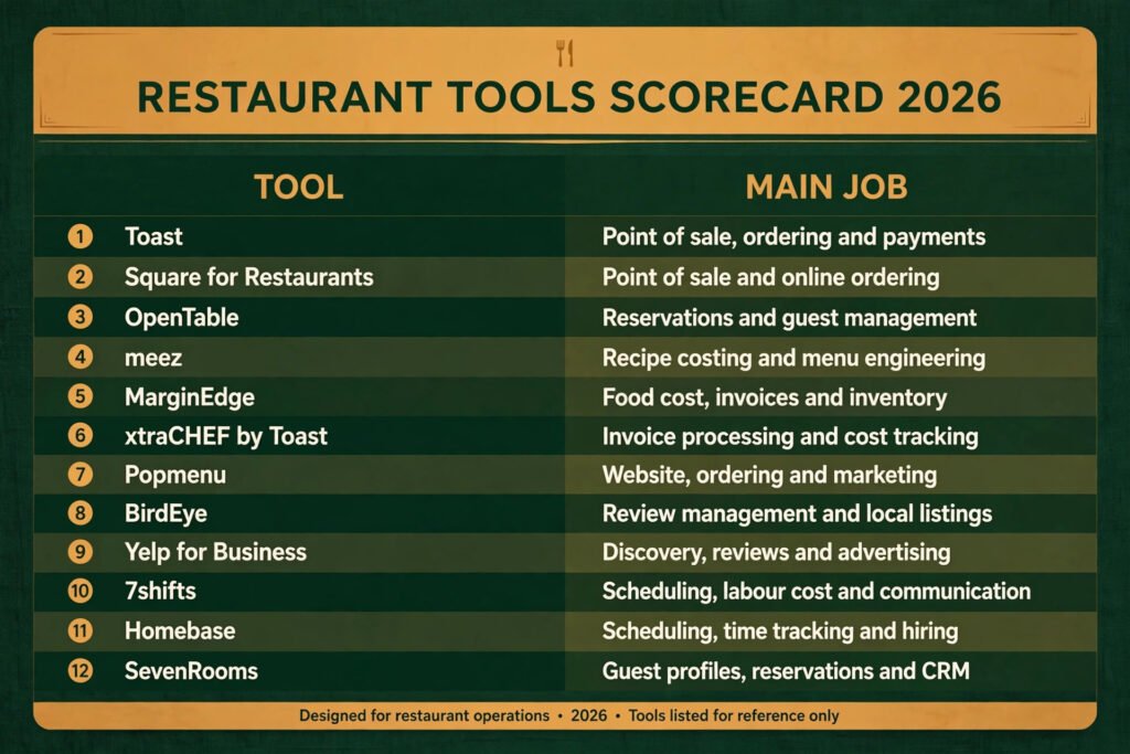 Restaurant tools scorecard, best tool for ordering, menu costs, reviews and staffing