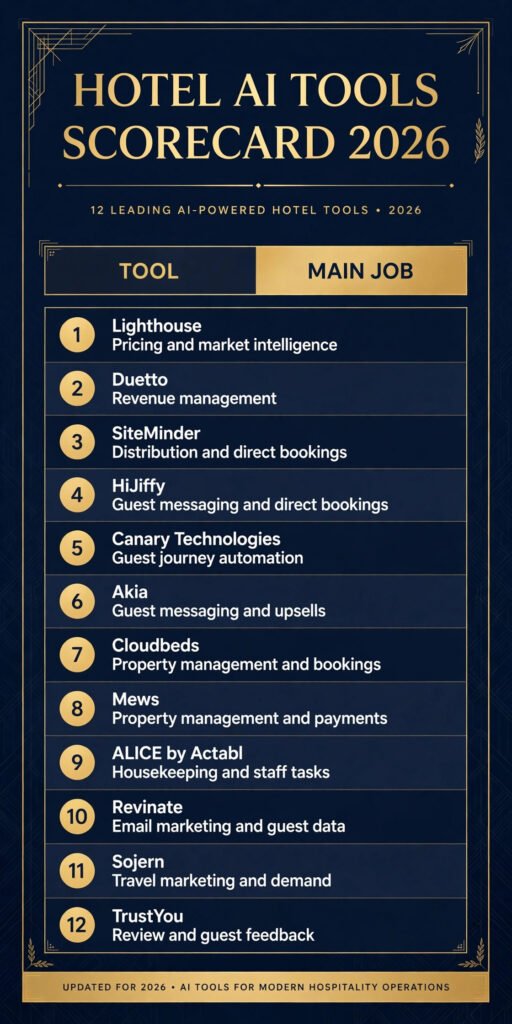 Hotel AI tools scorecard, best tool for pricing, bookings, messaging and operations