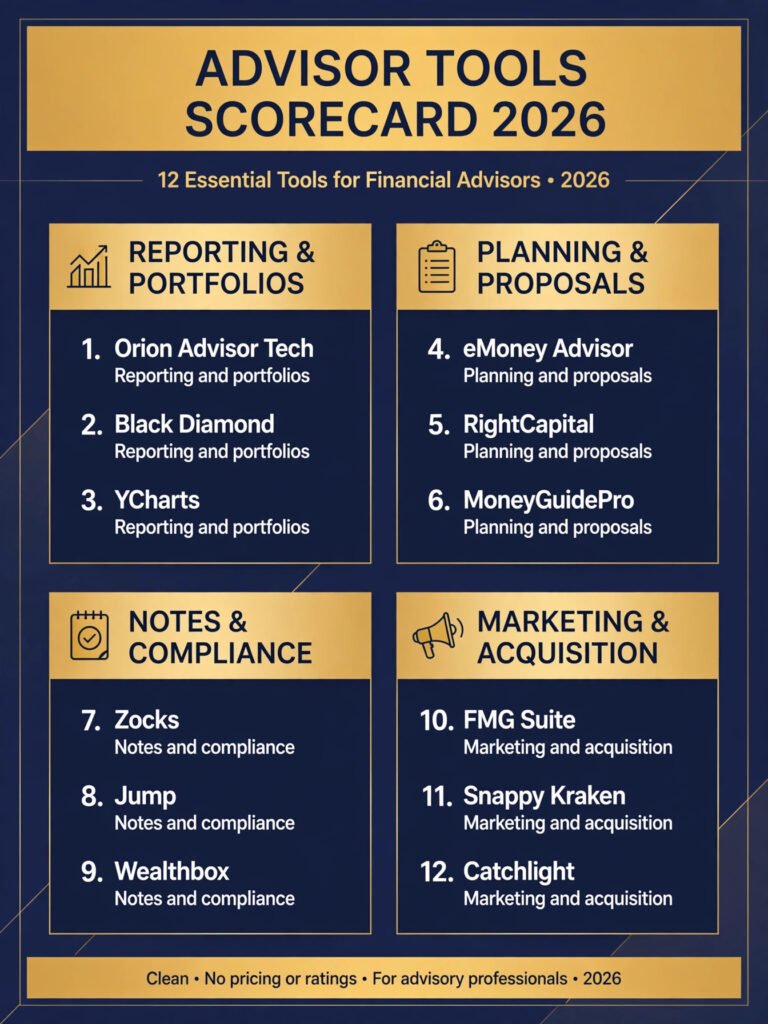 Financial advisor tools scorecard, best tool for reporting, planning, notes and marketing