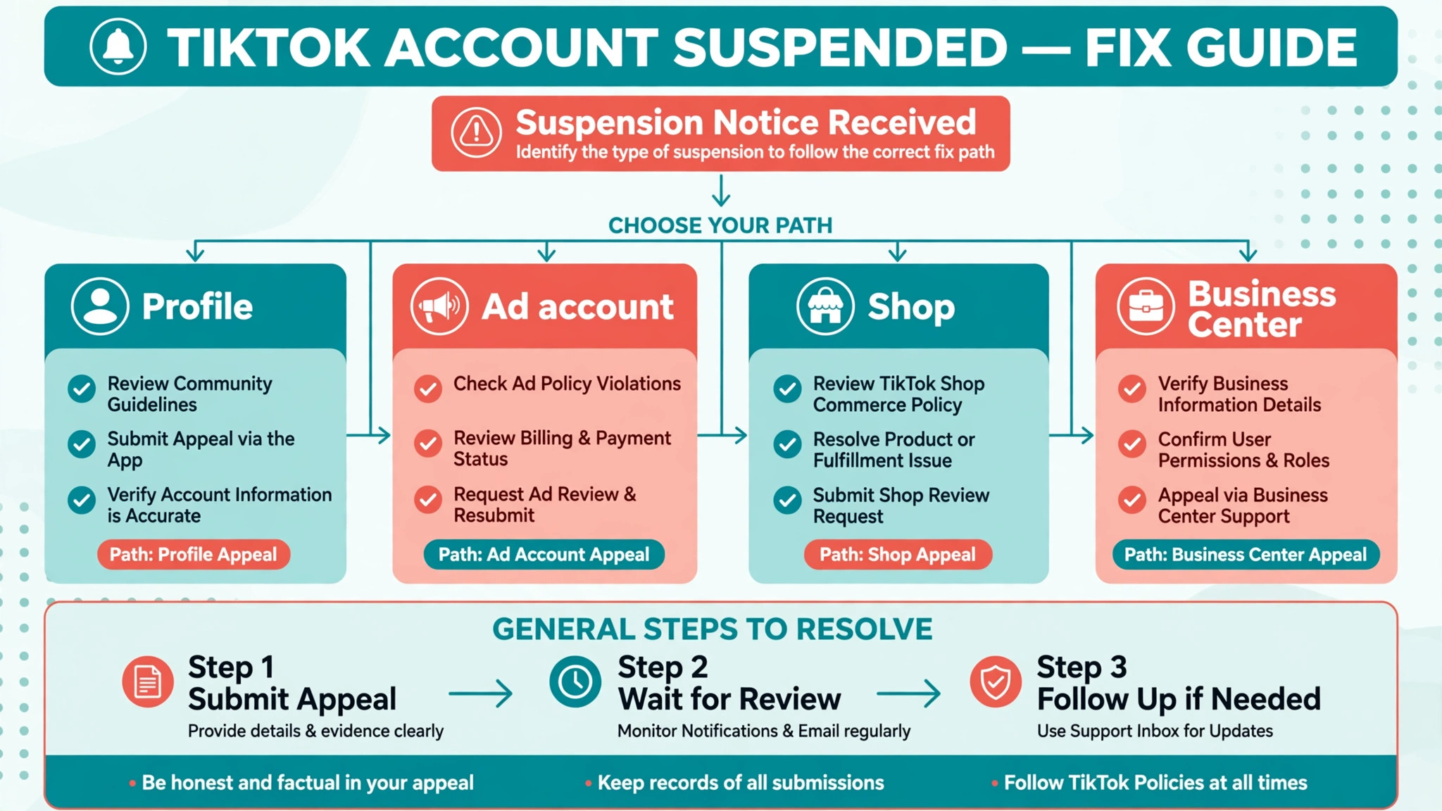Flowchart concept. A flowchart that sorts a notice into profile, ad account, Shop, and Business Center paths