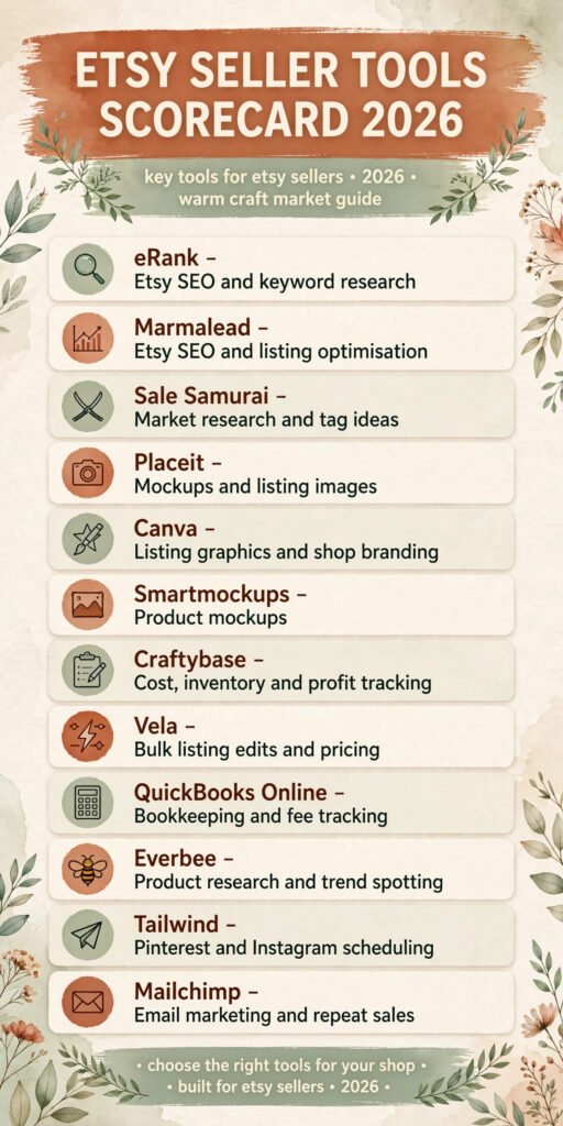 Etsy seller tools scorecard, best tool for SEO, listings, mockups, fees and marketing