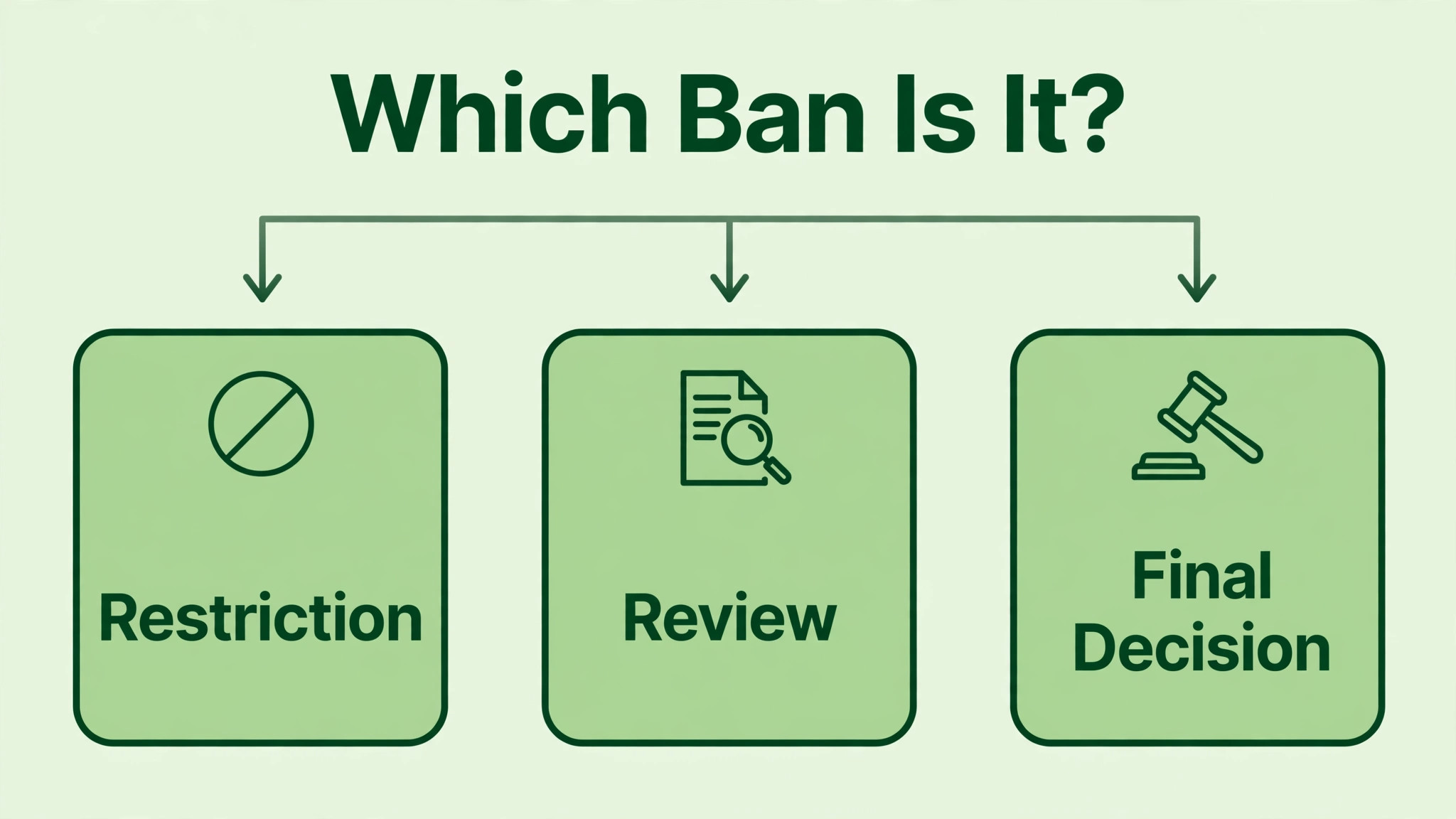 Flowchart concept. A ban type flowchart from restriction to review to final decision