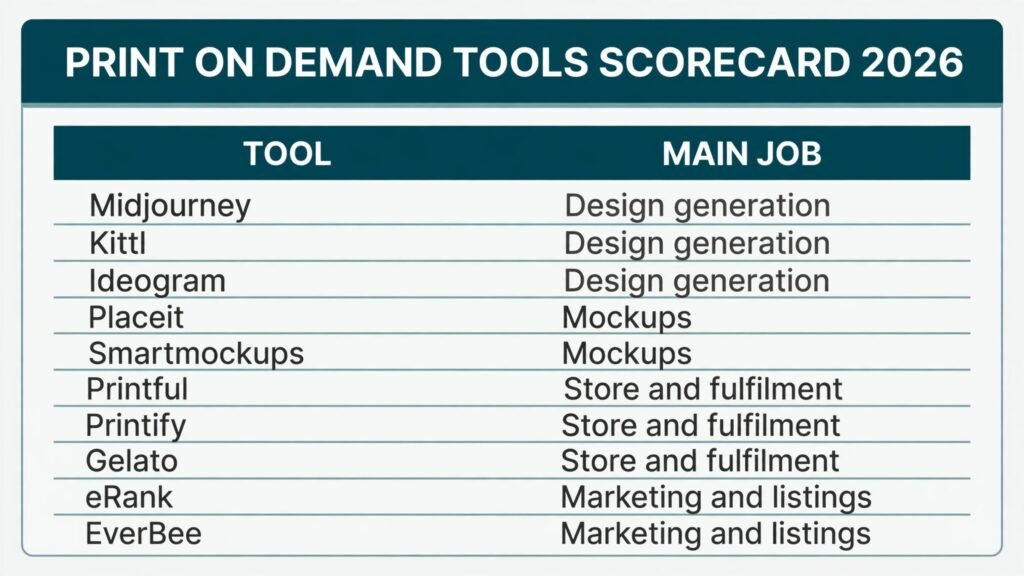 Print on demand tools scorecard, best tool for design, mockups, fulfilment and listings