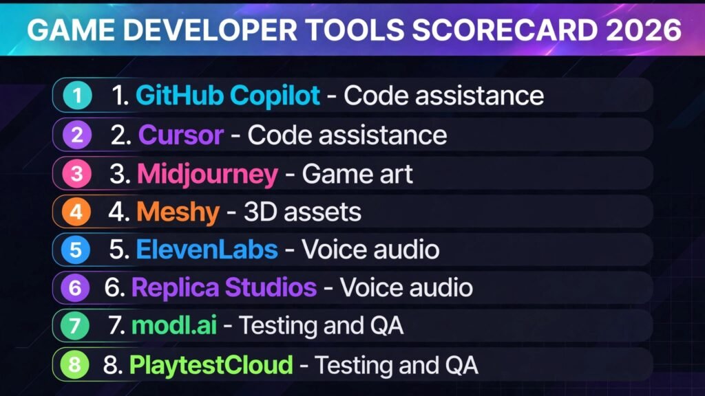 Game developer tools scorecard, best tool for code, art, audio and testing