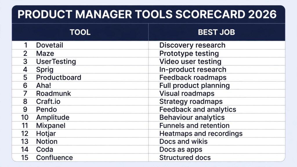 Product manager tools scorecard, best tool for discovery, roadmaps, feedback and docs