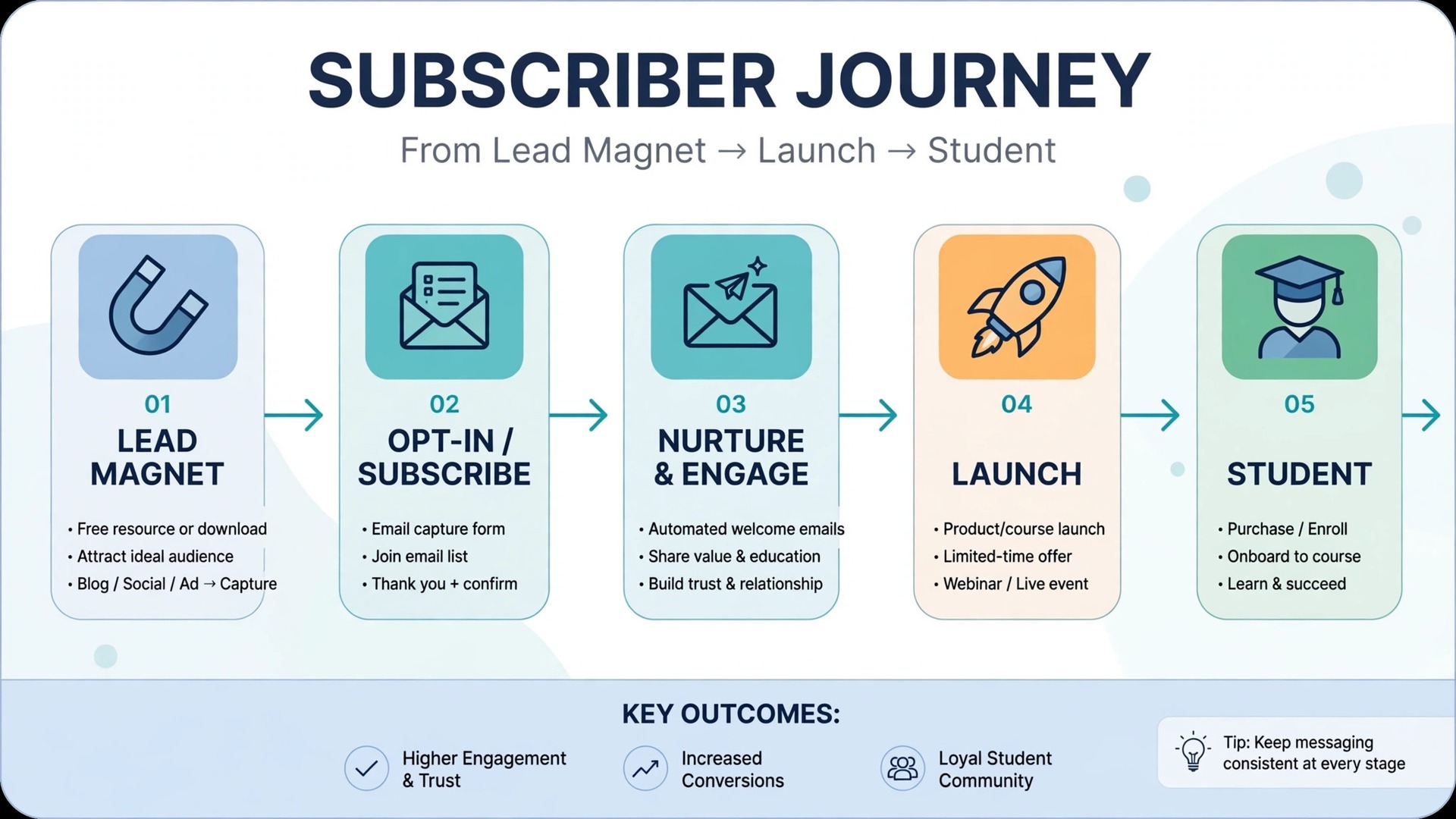 Workflow diagram of a course creator subscriber journey